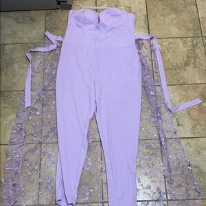 Fashion Nova Lilac Strapless Jumpsuit with Floral Lace